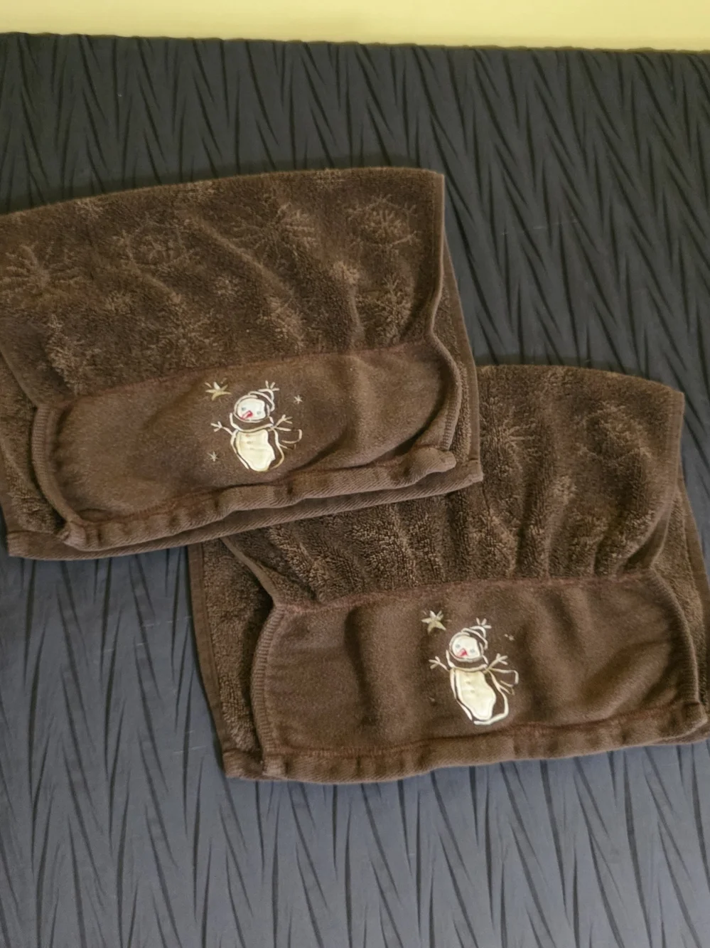 Brown Embroidered Snowman Hand Towels - Set of 2